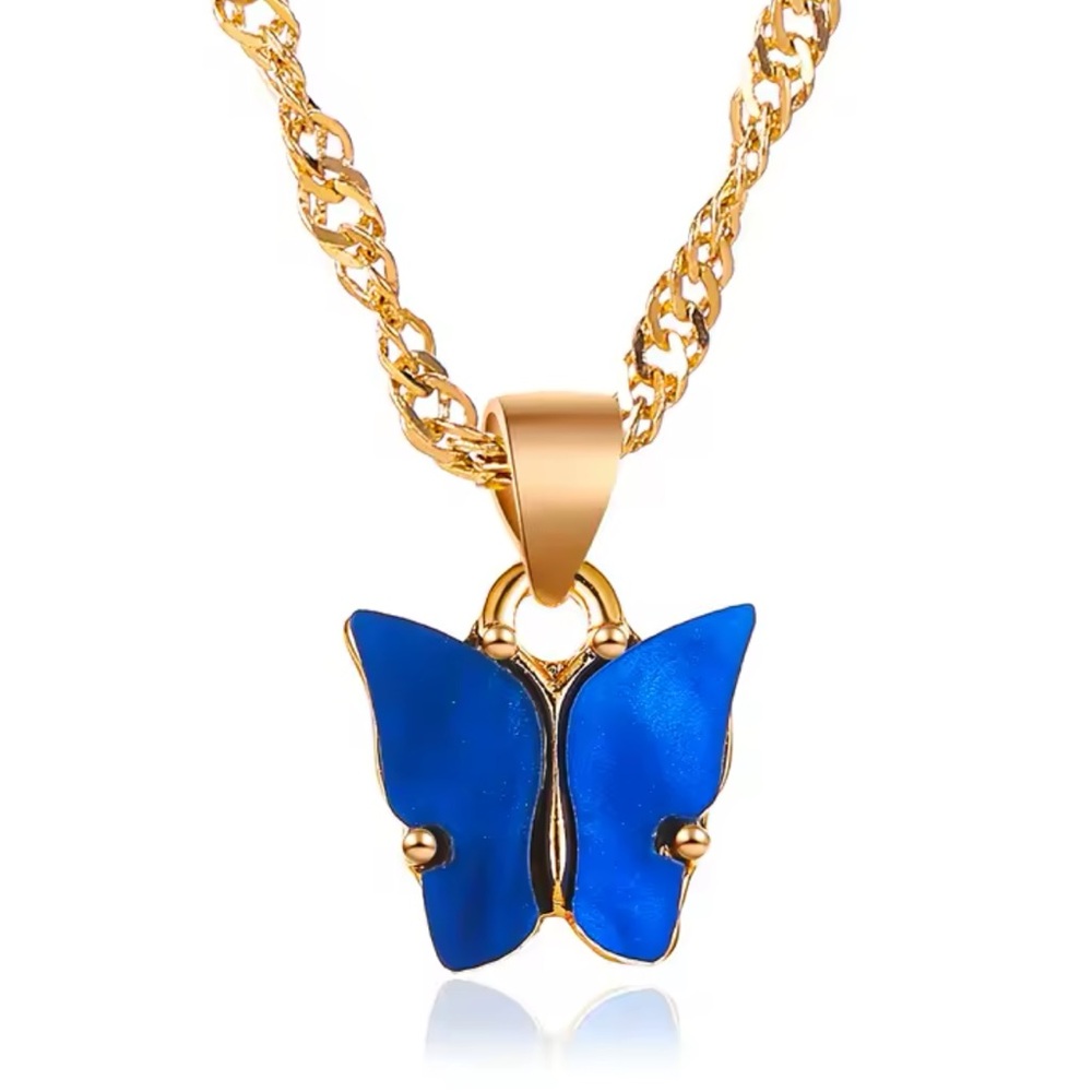 Blue Butterfly Pendant Necklace Stainless Steel Gold Coloured Chain